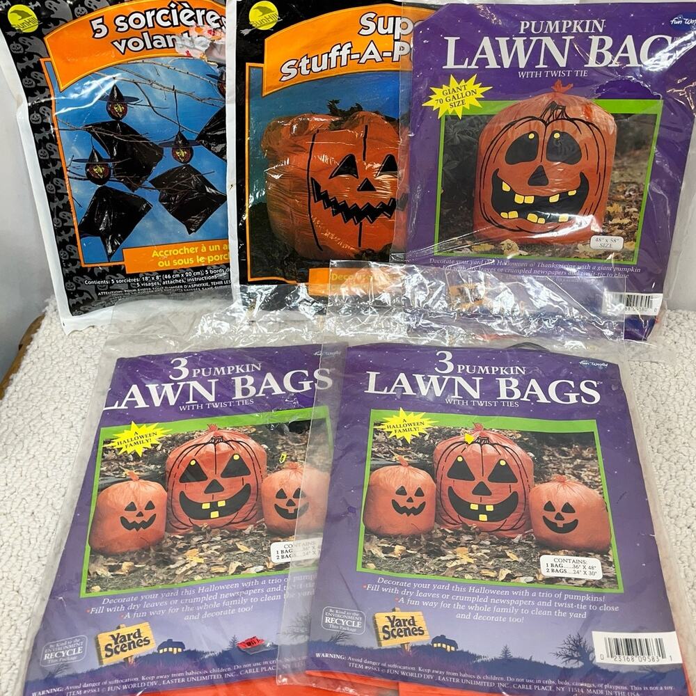 Halloween Lawn Yard Bags Lot of 5 Pks Stuff A Pumpkin Witches Yard Decor LG & XL
